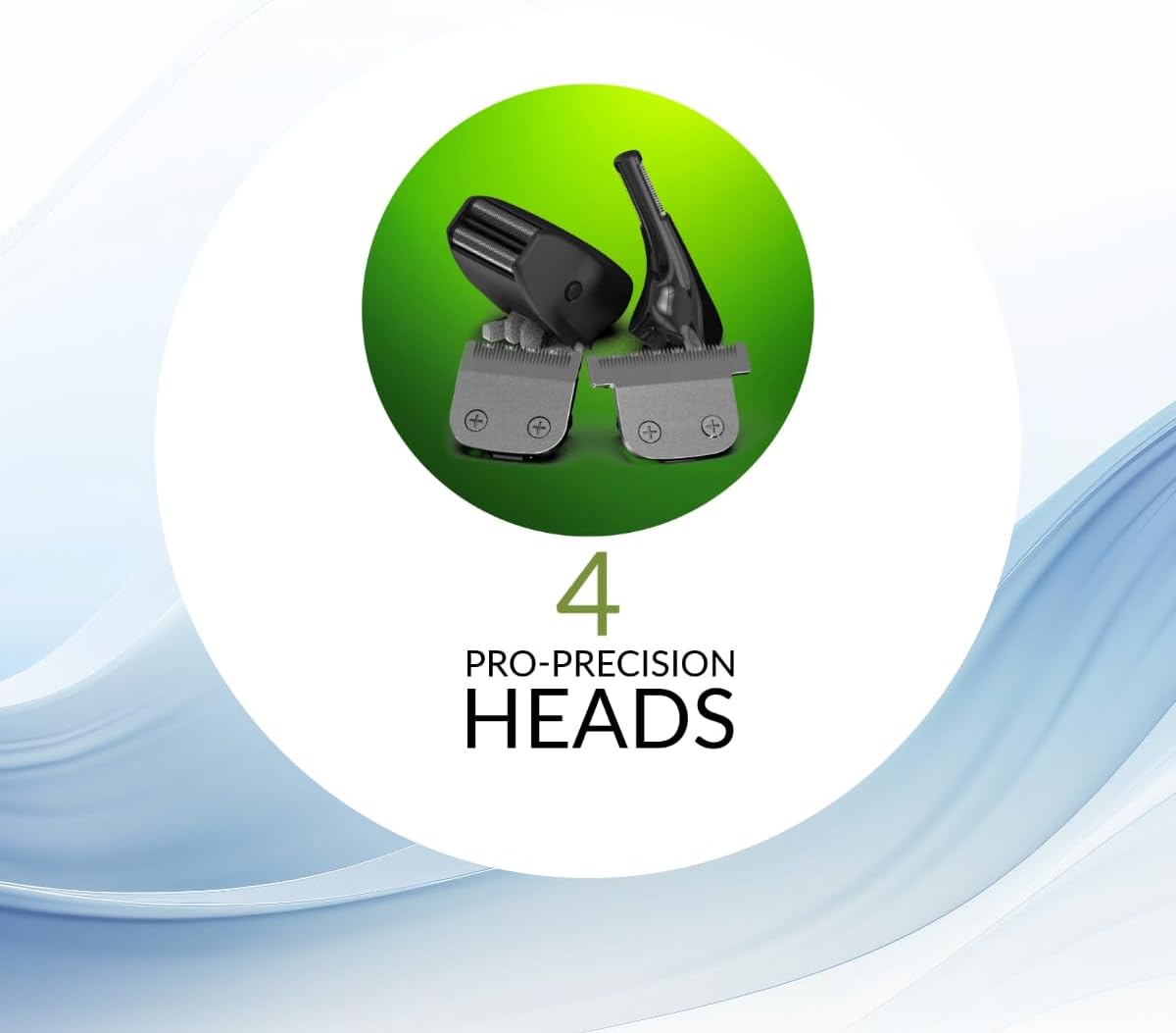 Four interchangeable pro-precision heads for the multigroomer