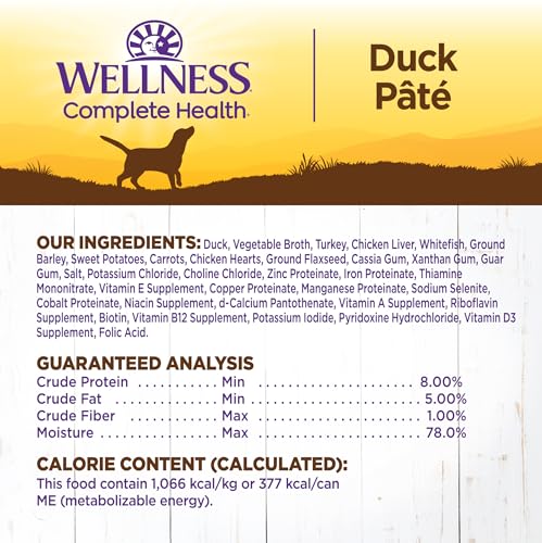 Image of Wellness Complete Health Pate Adult Canned Wet Dog Food, Wholesome Grains, Natural, Duck and Sweet Potato, 12.5 oz, Pack of 12 Cans