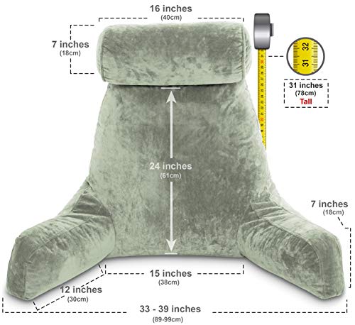 XXL Husband Pillow Desert Sage Backrest with Arms - Adult Reading Pillow Shredded Memory Foam, Ultra-Comfy Removable Microplush Cover & Detachable Neck Roll, Unmatched Support Bed Rest Sit Up Pillow - Thumbnail 5