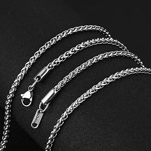 HZMAN 3.0 mm Stainless Steel Wheat Silver Chain Necklaces for Men & Women 16" -36"4