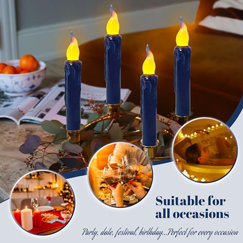 Image of Real Wax LED Flameless Navy Short Taper Candles with Remote, 6.7 Inches Candlesticks, Dripless Battery Operated Flame Rustic Primitive Flameless Lights Decor, Pack of 4