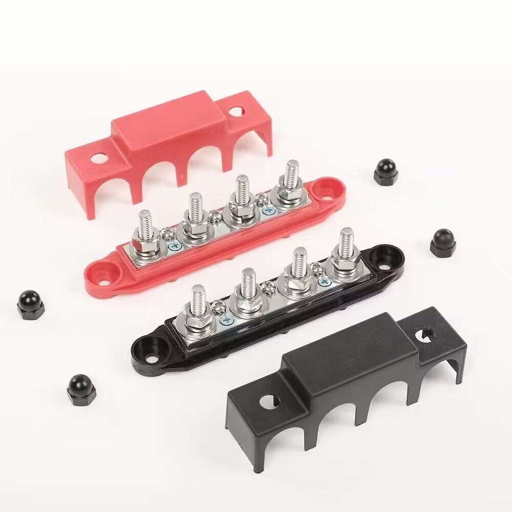 12V- 48V DC 300 Amp Bus Bars 2 x 5/16" Studs Terminal Power Distribution Block Ground Bus Bar with Cover, Black & Red, 2 Pack