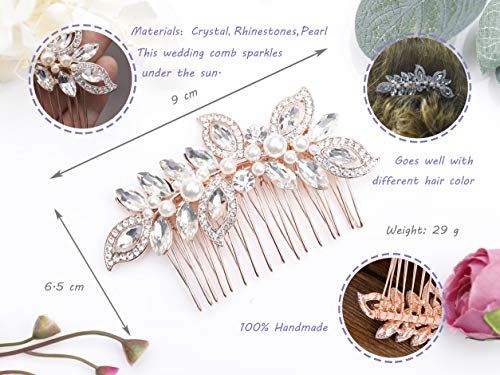 Kercisbeauty Wedding Bridal Bridesmaids Flower Girl Rhinestone Crystal Leaf Rose Gold Hair Comb Slide For Prom,Bun Hair Accessory (Rose Gold) #TOP4