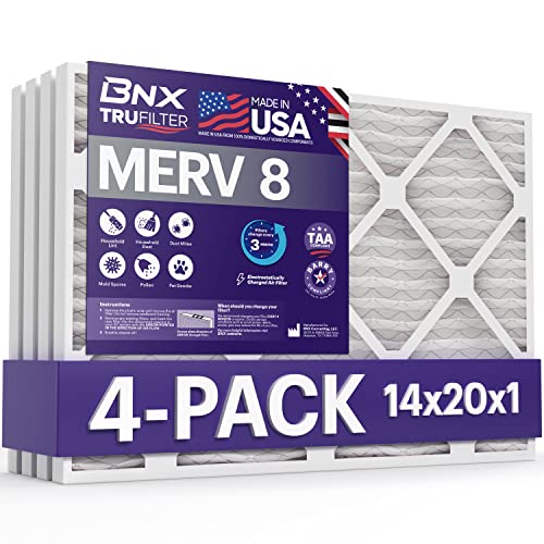 Image of BNX TruFilter 14x20x1 Air Filter MERV 8 (4-Pack) - MADE IN USA - Dust & Pet Defense Electrostatic Pleated Air Conditioner HVAC AC Furnace Filters for Dust, Pet, Mold, Pollen MPR 600 - 700 & FPR 5