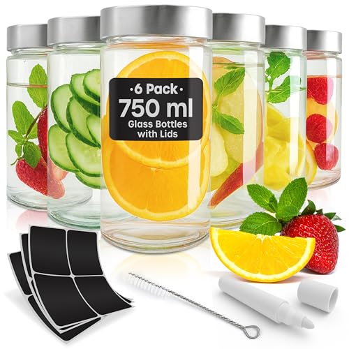 volila Tarros de Cristal con Tapa - Pack de 6 Botellas de 750 ml para Batidos con Tapa de Metal, Cepillo de Limpieza, Etiquetas y Bolígrafo - Tarro de Vidrio a Prueba de Fugas para Batidos