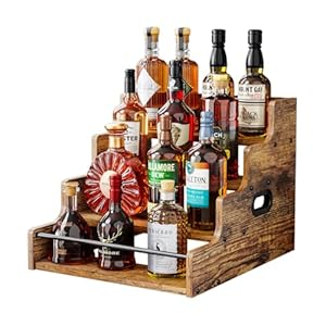 KLM Liquor Bottle Display Shelf, Coffee Syrup Rack Organizer, 4 Step Countertop Liquor Wine Rack, mini bar,liquor cabinet, Home Retro Bar Shelf Stand for Liquor Whiskey, (Brown)
