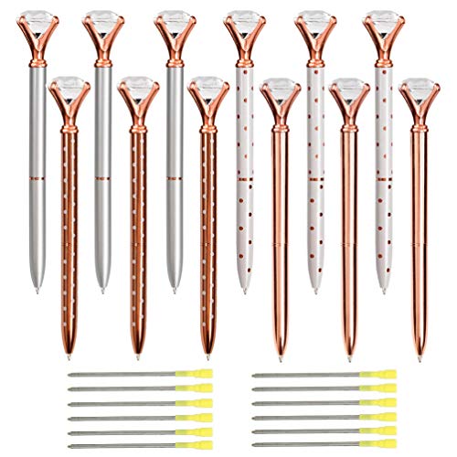 12pcs Diamond Ballpoint Pens with Bonus 12pcs Ballpoint Pen Refills and 1pc Pen Bag, Big Crystal Rose Gold Pen,Bling Pens Make Beautiful Gifts for Women,Kids,Girls,Co-Workers and Teachers