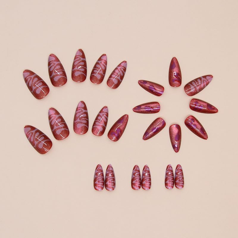 LYMCY Press on Nails French, Cat's Eye Nail Patch Irregular Nail Patch Wave False Nail Wear Nail - Image 2