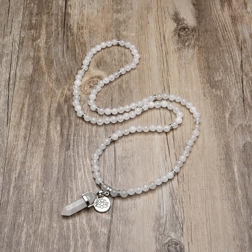 108 Natural Mala Prayer Beads Bracelet Necklace with Lotus Charm and Reiki Quartz Hexagonal Prism Pendant (White Jade), 6mm by Self-Discovery Mala - Used condition - Image 2