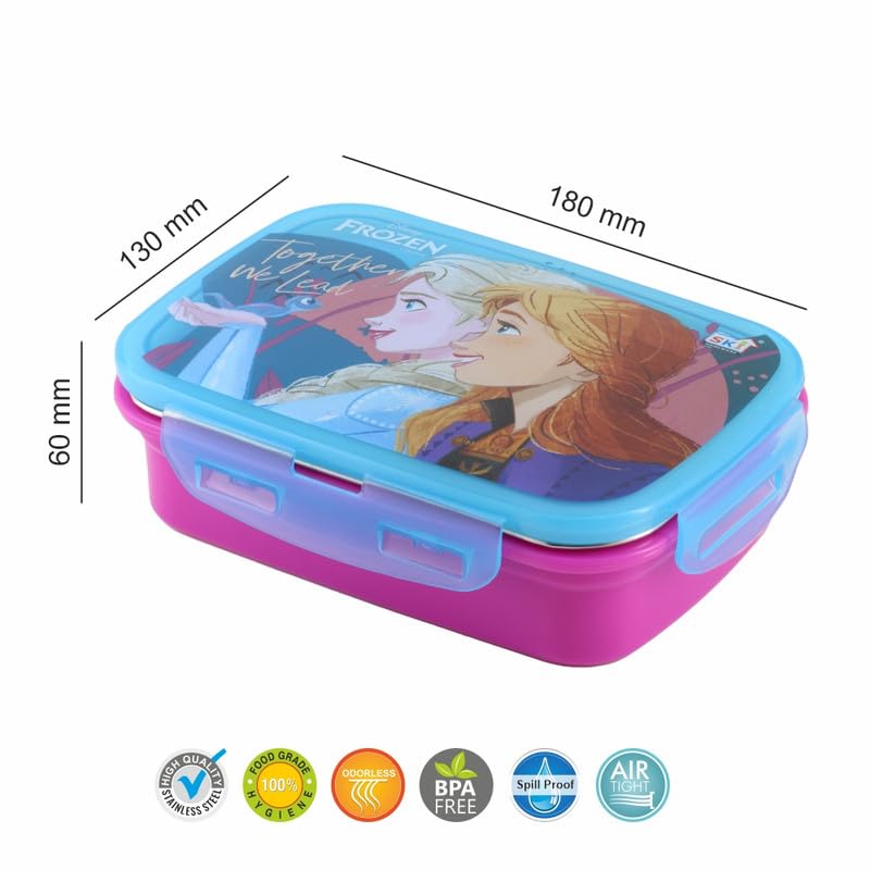 Image of SKi Homeware SnapLock Lunch Box for Kids with Stainless Steel Removable Inner Container +125ml dabbi + Spoon | Leak Resistant | Genuine Character Merchandise | Perfect for Birthday Gifts- Frozen