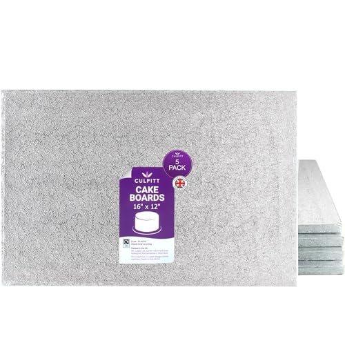 Culpitt 16 x 12 Cake Board | 5 Pack | Oblong Cake Drum, Rectangular, 0.5 Inch (13mm) Thick, Pack of 5 Boards For Tray Bakes, Cakes, And Cupcake Displays | Silver - Pack Of 5