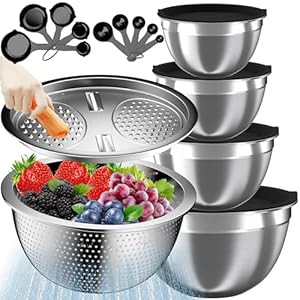 Mixing Bowls with Lids Set, 16PCS Stainless Steel Mixing Bowls,Nesting Storage Bowls for Kitchen with Mixing Bowl, Colander, Strainer & Grater, Metal Salad Bowl for Kitchen Gadgets, Black