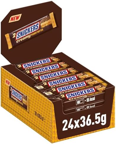 Snickers Creamy Peanut Butter, Schokolade, Doppelriegel, 24 x 36,5 g | Schokoriegel mit cremiger Erdnussbutter-Füllung und Milchschokolade, als Multipack perfekt für Büro, Sport un