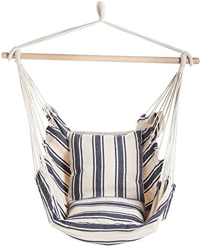 VonHaus Hanging Chair  Blue & White Striped Garden Hammock Chair & Swing Seat, Strong Soft 100% Cotton Rope Swing Chair - Portable Garden Chair, Outdoor Swing Seat for Garden, Patio & Tree Attachment