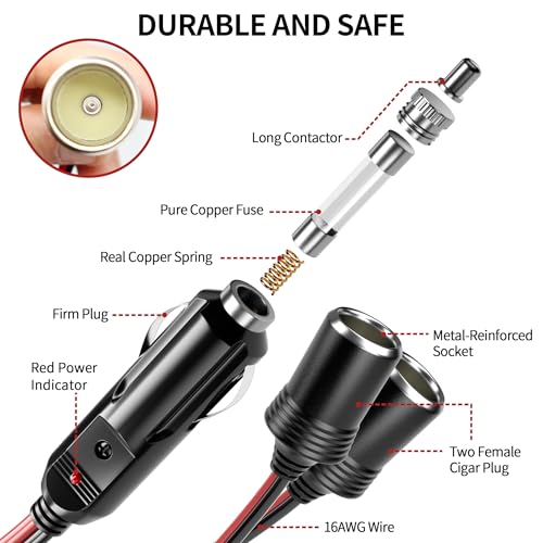 Image of Energeaster 12V /24V Car Cigarette Lighter Splitter 1 to 2 Socket Plug Adapter, 16AWG 16Inch Extension Cord with Fuse & LED Power Indicator, Fast Charging Vehicle Power Charger for Cars Trucks SUVs