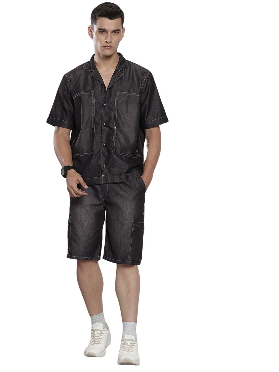 Men Boxy Fit Solid Denim Coords Co-ords Set (Black_M)-image-25