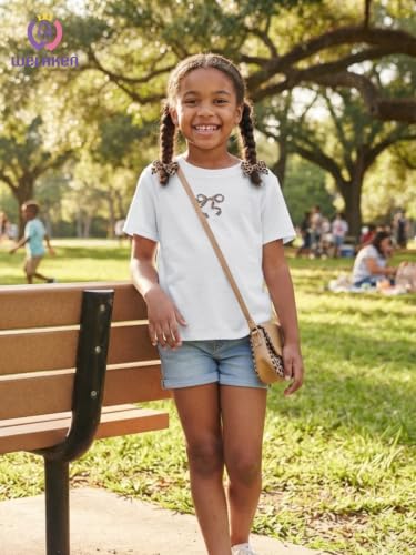 Image of WELAKEN Girls Soft T-Shirt with Curved Hem, Breathable Stretchy Rayon Crewneck Short Sleeve Tees, Kids Everyday Basic Top