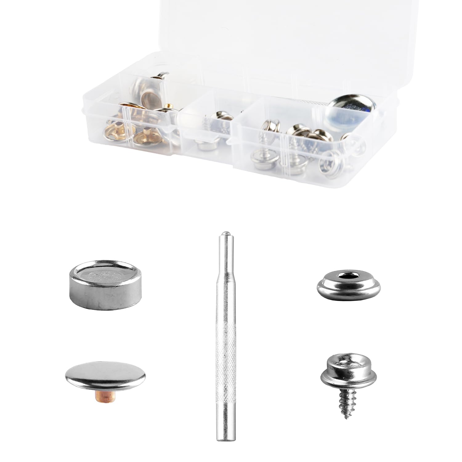 Bojueshaw 62Pcs Brass Canvas Snap Fastener Kit with 10mm Screws,Press Stud Button for DIY Leather,Canvas,Fabric,Marine