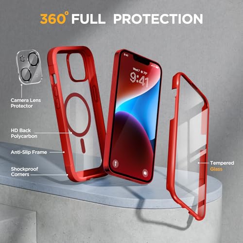 Image of Miracase Magnetic for iPhone 14 Case 6.1 inch, [Built-in Tempered Glass Screen Protector + Lens Protector] [Compatible with MagSafe] Full-Body Protective Bumper 14 Phone Cover, Red