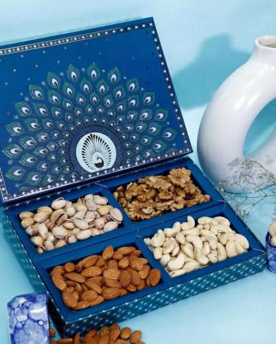 Image of Riwaz Prime Morpankh Peacock Designer Dry Fruit Gift Box | Premium Almonds, Cashews, Pistachio & Walnuts | Luxury Festive Hamper for Diwali, Wedding & Corporate Gifting
