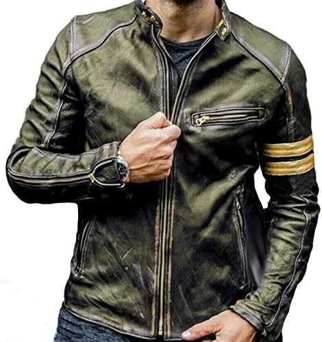 Mens Vintage Cafe Racer Motorcycle Military Olive Green Distressed Biker Leather Jacket
