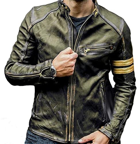 Mens Vintage Cafe Racer Motorcycle Military Olive Green Distressed Biker Leather Jacket