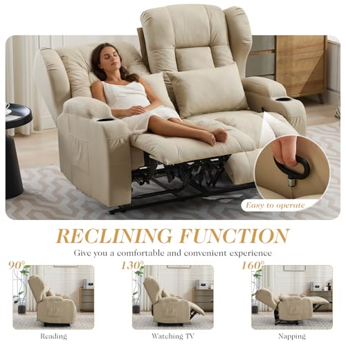 Image of Loveseat Recliner Sofa with DIY LED Lights,RV Wall Hugger Recliners for Small Spaces,Fabric Reclining Loveseat Sofa Recliner with Cup Holders /Lumbar Pillows,RV Furniture,Beige,56 inch 2-Seater with Light