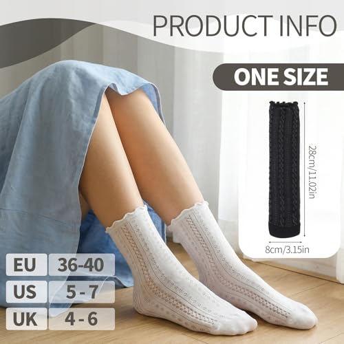 Image of Jspupifip 6 Pairs Lace Ruffle Frilly Crew Socks for Women Girls | Cotton Breathable Cute Princess Ankle Dress Lace Socks Thin Cool Casual Socks