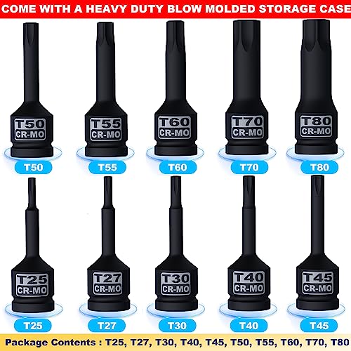 Aiourx 1/2\" Drive Master Impact Torx Bit Socket Set, 10-Pieces: T25 - T80, Cr-Mo Steel, Heavy Duty Storage Case
