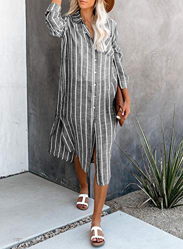 Dokotoo Womens Casual 2019 Stripes Autumn Stand Collar Button Down Open Front Long Sleeve Side Slit Cardigans Fashion Kimono Long Cardigans Dresses Outerwear Grey Small