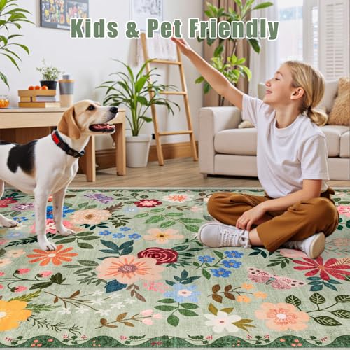 8x10 Area Rugs for Living Room: Floral Washable Rug Vintage Large Soft Boho Non-Slip Carpet Indoor Stain Resistant Low Pile Carpets for Bedroom Dining Room Farmhouse Nursery Hallway Home Office Green