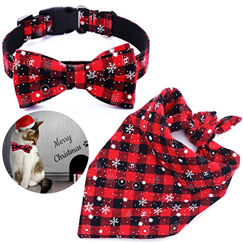Malier Dog Bandana and Collar Set Pet Christmas Classic Plaid Snowflake Dog Scarf Triangle Bibs Kerchief Adjustable Collars with Bow Tie Pet Costume Accessories Decoration for Cats Dogs Pets (Large)