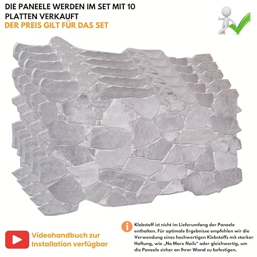 3D Wandpaneele, 10er-Set, Abdeckung von 4,6 qm – Dekorative Wandverkleidung aus Kunststoffplatten, Panel Größe 96 x 48 cm für Küche, Wohnzimmer, Bad, Büro – Graue Wilde Steinoptik Wandpaneele Muster