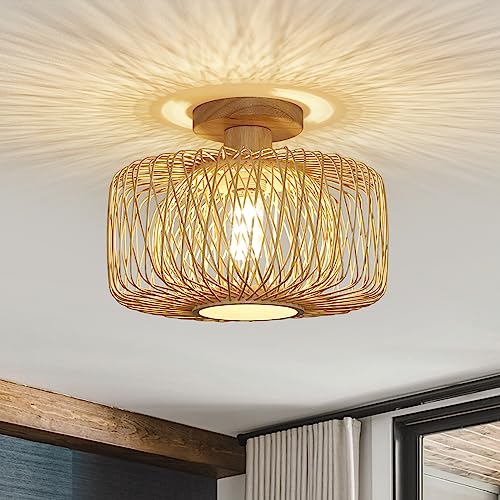 Abeajat Rattan Flush Mount Ceiling Light, Boho Light Fixtures Ceiling With Woven Bamboo Shade, Rattan Chandelier Flush Mount Light Fixture For Bedroom Living Room Kitchen Farmhouse Hallway Entryway #TOP6