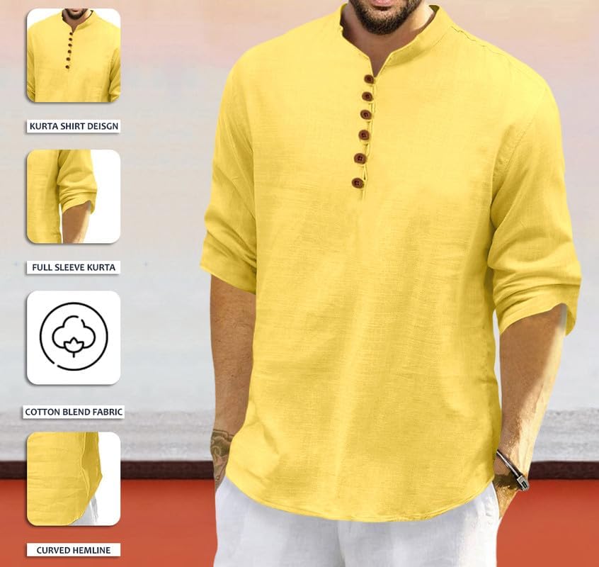 Image of ROYALSCOUT Men's Cotton Polyester Blend Solid Regular Fit Full Sleeve Short Kurta | Ethnic, Lightweight Summer Kurta for Daily & Occasion Use