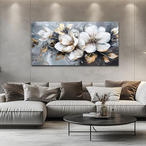 KELIYUAN Large Canvas Wall Art For Bedroom Wall Decor For Living Room Office Decorations Abstract White Flowers Paintings Pictures Artwork Modern Framed Posters Home Decor Ready To Hang 24"x48"