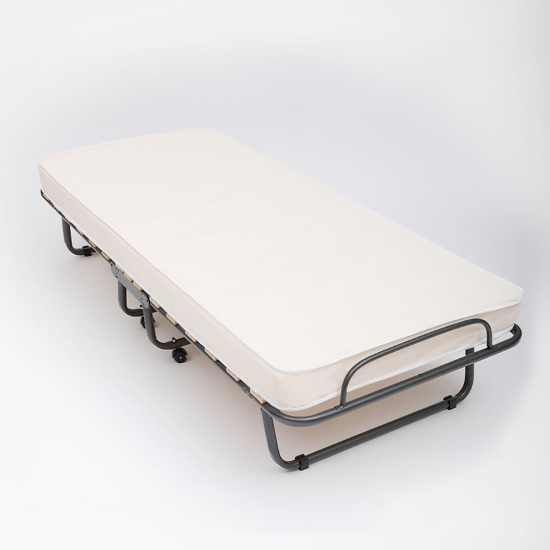 The White Stone Łóżko Polowe Składane z Materacem 80 x 190 cm z Waterfoam | Składane Łóżko Jednoosobowe | Z Kółkami Obrotowymi, Wygiętymi Listwami i Pokrowcem Ochronnym