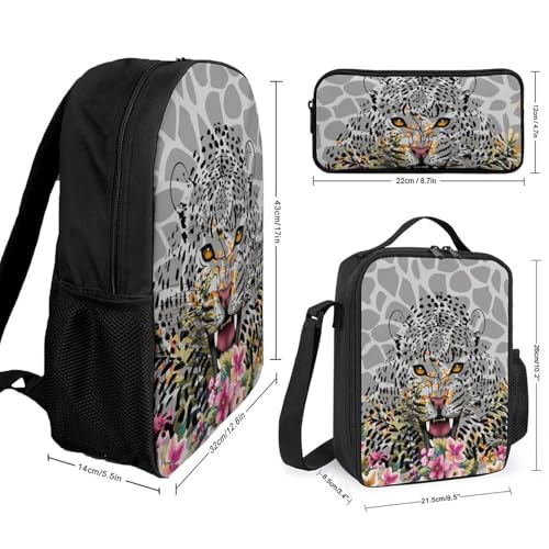 Snow Leopard Cheetah Classic Backpack Lunch Bag Pencil Case 3 Piece Set Travel Daypack2