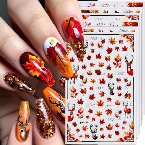 Fall Nail Art Stickers Autumn Maple Leaf Nail Decals 6PCS Autumn...
