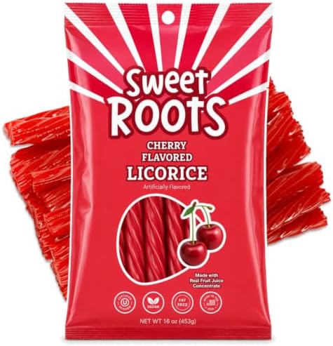 Sweet Roots Cherry Licorice Twists โ 16 oz Jumbo Soft Licorice Sticks | Made with Real Fruit Juice | Vegan, Fat Free, Kosher | Red Gourmet Rope Candy Treats for Fruity Cherry Lovers