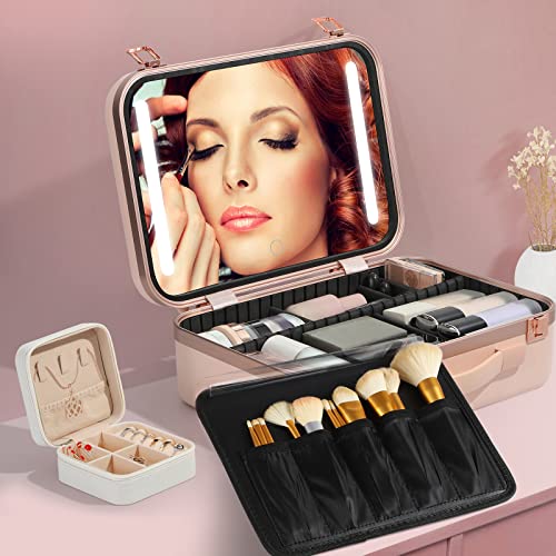 Zvmttoy Makeup Case With Mirror And Lights - Professional Makeup Artist Tavel Case 3 Color Led Light Setting, Make Up Train Case With Brushes Storage Cosmetic Case Waterproof (19.7 Inch Capacity) #TOP1