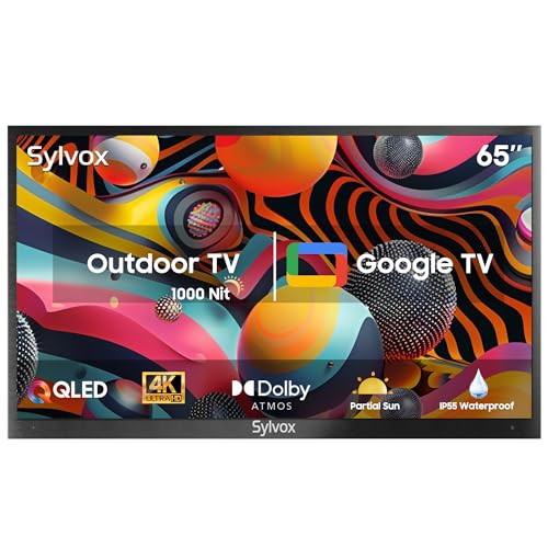 SYLVOX 65 Zoll QLED Outdoor TV Smart Google Ferseher - Quantum Dot Farbe, 1000nit, Wasserdicht Ferseher, Voice Assistant, Share to TV,Dolby Atmos für Terrasse Partial Sun (Deck Pro 2.0 QLED)
