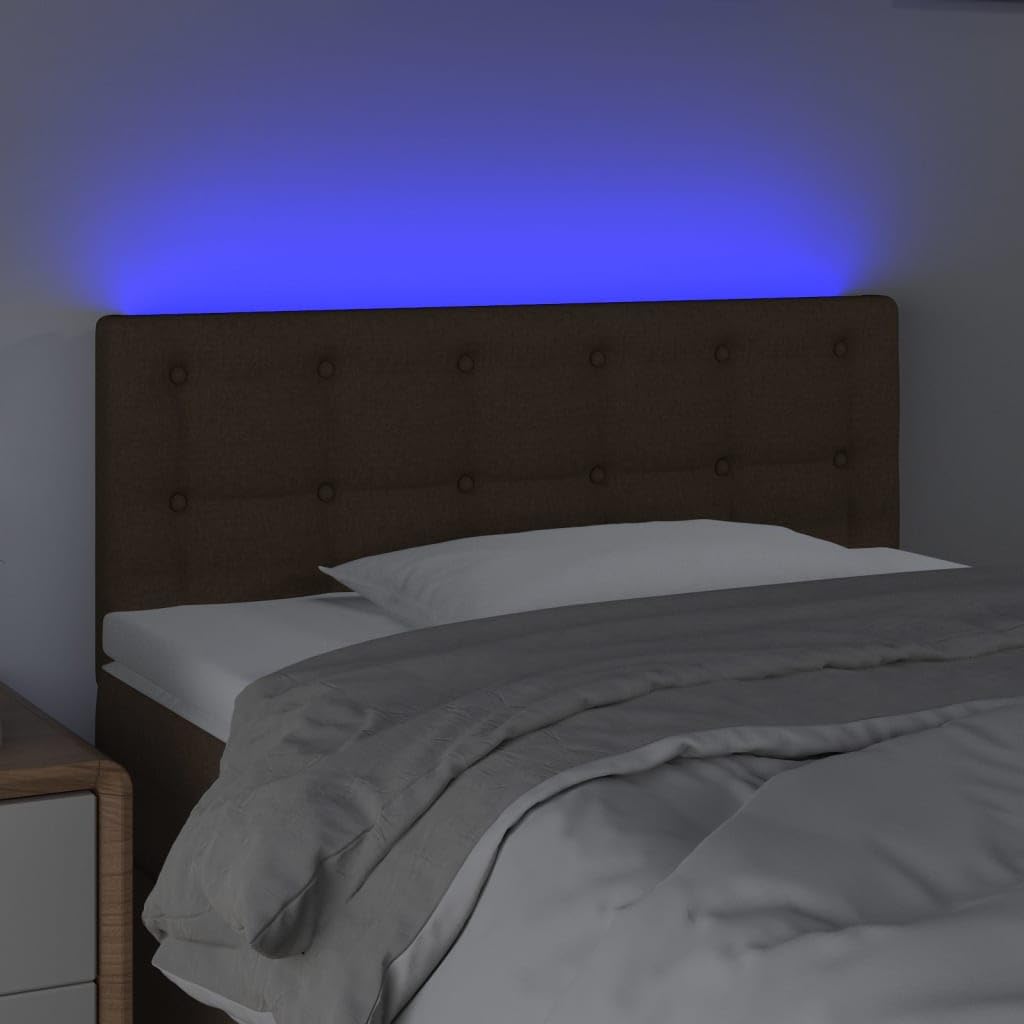 Testiera del letto a LED, marrone scuro, tessuto 90x5x78/88 cm, con supporto per la schiena, altezza regolabile e striscia di taglio LED, alimentata da USB 5V.