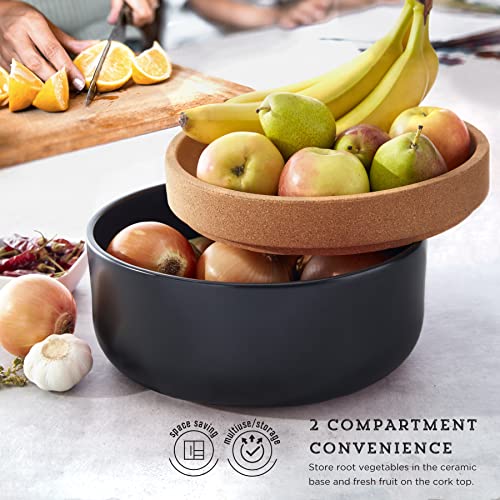 Image of Kamenstein Ceramic and Cork Large Breathable Produce Bowl with Lid to Naturally Extend Produce Freshness, Natural Cork and Black Ceramic