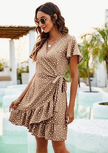 Naggoo Women's Summer Wrap V Neck Polka Dot Print Ruffle Short Sleeve Mini Floral Dress with Belt - Image 5