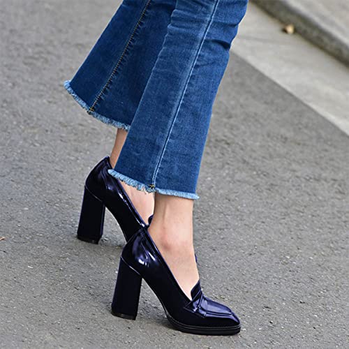Image of FOWT Dressy High Block Heels Loafers for Women Classical Square Toe Pumps Comfortable Slip On Walking Shoes School Uniform Goth Oxfords US Size 4-16 M