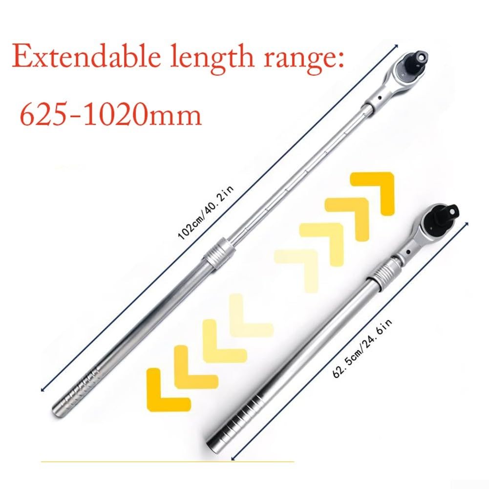 Llave de trinquete telescópica resistente con cabeza de 72 dientes, extensible de 625 a 1020 mm, liberación rápida de 3/4 pulgadas, para acero CR-V, agarre antideslizante para automóviles y