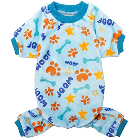 CUSOZWO Dog Pajamas - Soft Fuzzy Velvet Dog Jumpsuit for Small Medium Dogs, Puppy, Cats - Adorable Blue Paw Pattern Onesie Pjs Warm Dog Winter Clothes Dog Apparel for Cold Weather Cover