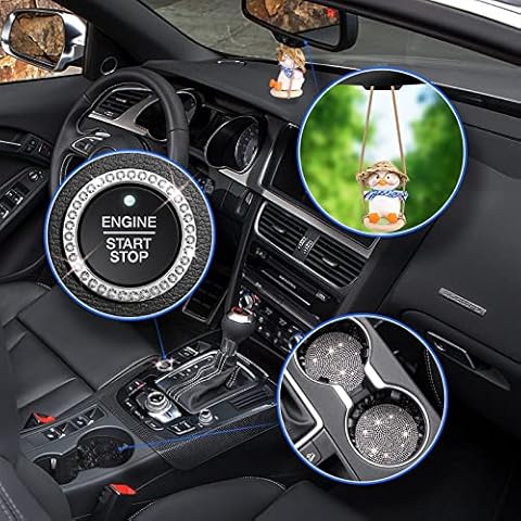 Bling Car Accessories Set for Women, Bling Car Cup Holder Coaster(2 Pack) with Push Start Button Bling Ring (1 Pack), Super Cute Car Swing Duck Mirror Hanging (1 Pack), Car Interior Accessories Cover