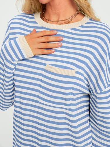 Image of LILLUSORY Womens Striped Soft Knit Pullover Sweater Loose Fit Shirts with Chest Pocket